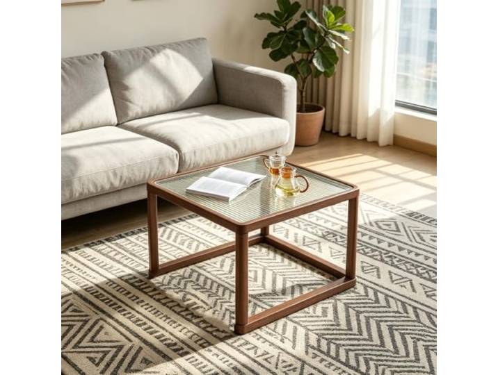 EBOYNSowAprr Couchtisch aus handgeflochtenem Rohr und gehärtetem Glas Moderner Rattan-Mitteltisch, Minimalistische quadratische Satztische für kleine Wohnungen(A19.7x15.7in)