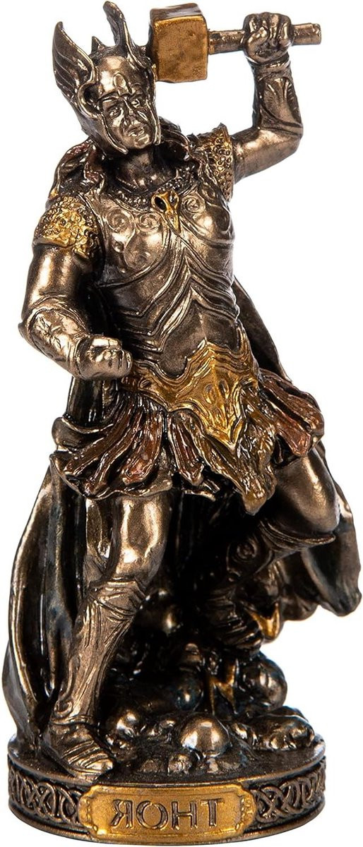 Handgeschilderd Brons Noorse God Beeldje - Miniatuur Statue voor Tafeldecoratie - Hoogte: 8.5 cm - Brons