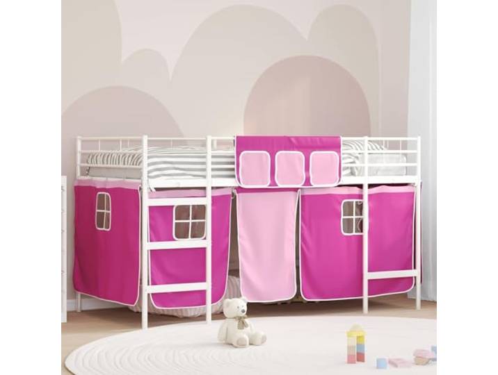 Pulverbeschichteter Metallrahmen Vorhänge Kinderbett Weiß 99 5 x 200 cm Kinder Loft Bettgestell mit Vorhängen Weiß Rosa Hochbett Metall Rahmen für Kinderzimmer Spielen Lesen Schlafplatz