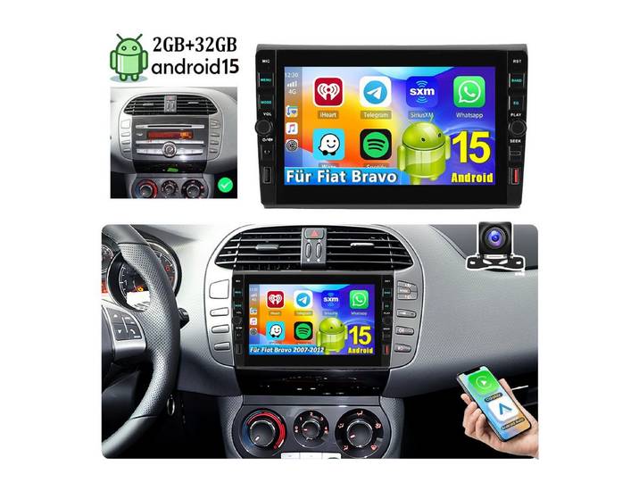 ESSGOO Autoradio Android15/16 Für Fiat Bravo 07-12 CarPlay GPS USB und Type-C Autoradio (RDS, 4+64GB(optional), Digitalradio (DAB), FM, GPS, USB- und Type-C, WIFI, SWC, Apple Carplay Android Auto GPS Navi WIFI BT EQ mit USB- und Type-C)
