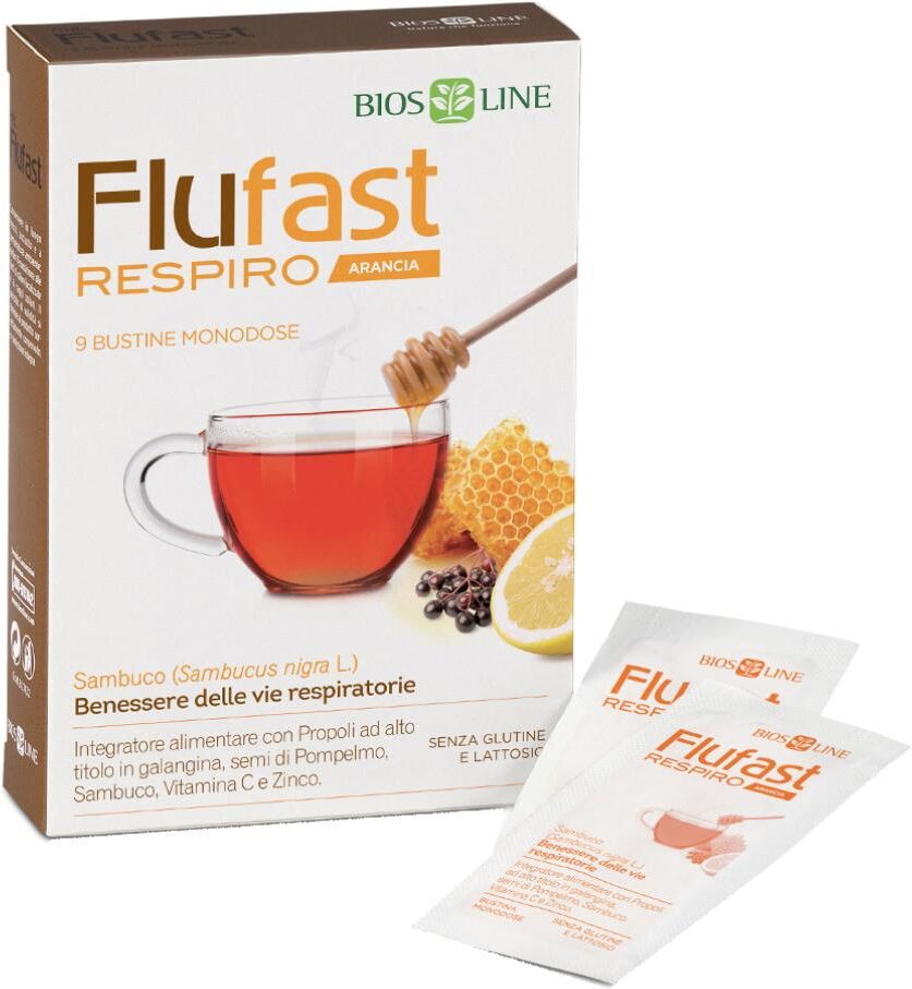 BIOS LINE SpA Flufast Apix Respiro Arancia 9 Buste - Integratore Propoli e Pompelmo per il Benessere Respiratorio