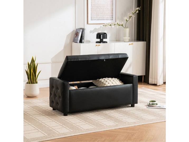 COVREO Banquette coffre rectangulaire 122 cm rangement intérieur simili cuir PU noir assise mousse capitonnée