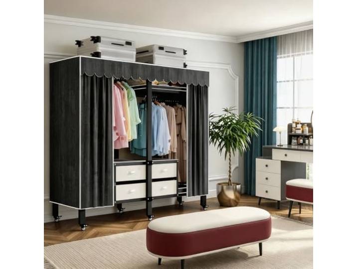 Stabil Stahlrahmen Kleiderschrank 500kg, (Schwarzes LL-CT, 168CM/66.14IN) Stoffschrank mit Kleiderstange stabil, Abdeckung Faltschrank mit Rollen, Kleiderschrank für Schlafzimmer