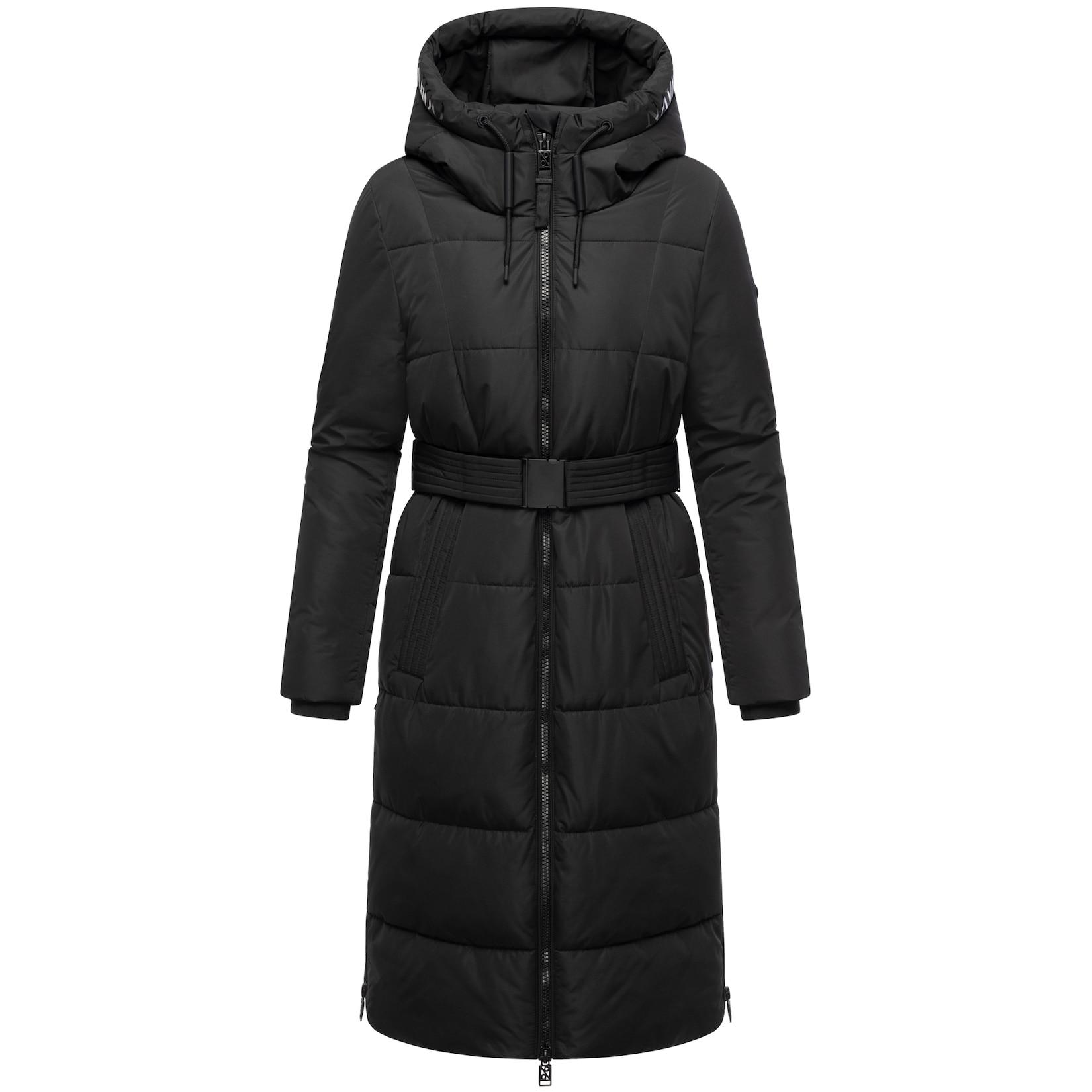 NAVAHOO Damen Steppmantel lang Wintermantel Parka Jacke wasserabweisend, Kapuze, Teddyfell, Kragen, Gürtel Herbstnebel