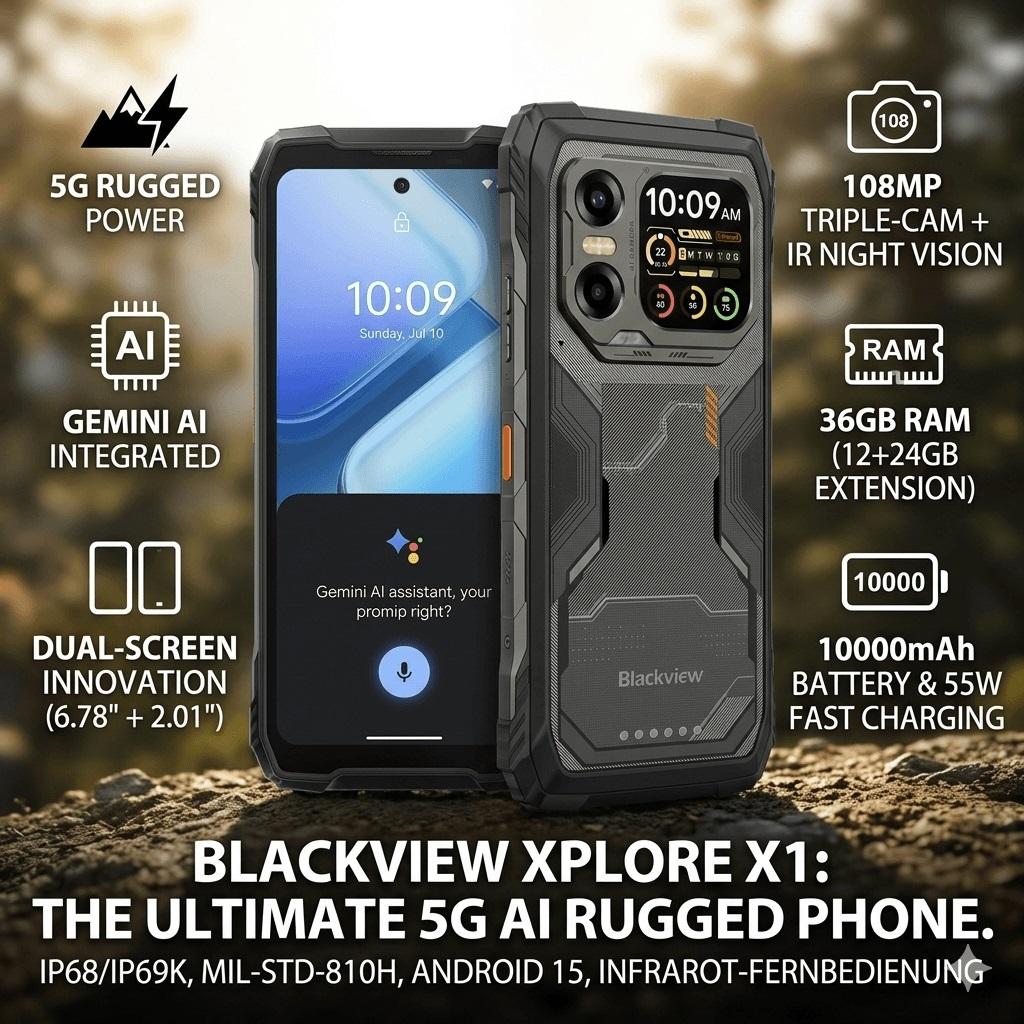 Blackview XPLORE X1 5G Rugged Smartphone, 36GB RAM+256GB, 108MP Kamera, 10000mAh Akku, 6.78" 120Hz Display, Android 15, Nachtsichtkamera, Infrarot-Fernbedienung
