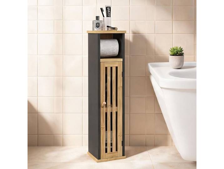 Colonne de salle de bain en bambù et MDF avec étagère ouverte et porte à lamelles 18 - Nero Bambù MDF 18 x 18 x 75 cm Ref HAJL3S
