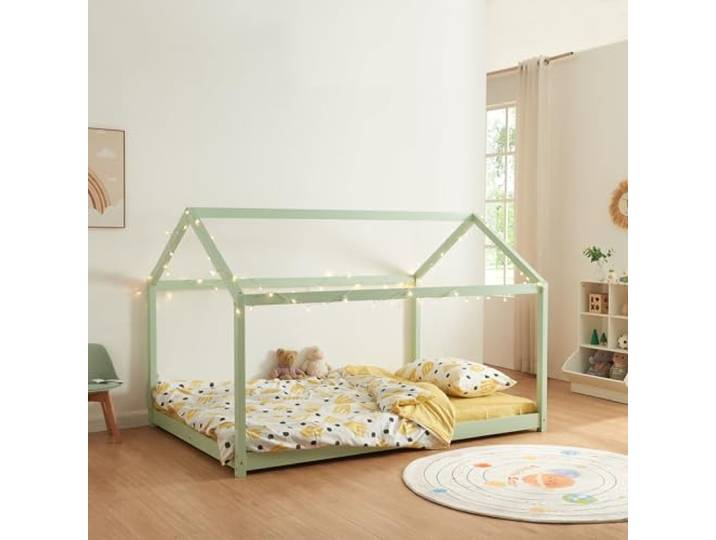 [en.casa] Kinderbett Cerro Hausbett Jugendbett Bett in Haus-Optik Montessori Bett aus massiver Kiefer Bettgestell mit Lattenrost Mintgrün 120x200cm
