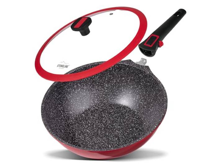 STONELINE SMART Wokpfanne 30 cm, 4,8 L REDESIGN 25/26 Große Pfanne mit Deckel, Abnehmbarem Griff, Aluguss Pfanne Induktion, Alle Herdarten, Antihaftbeschichtet mit echten Steinpartikeln, Rot