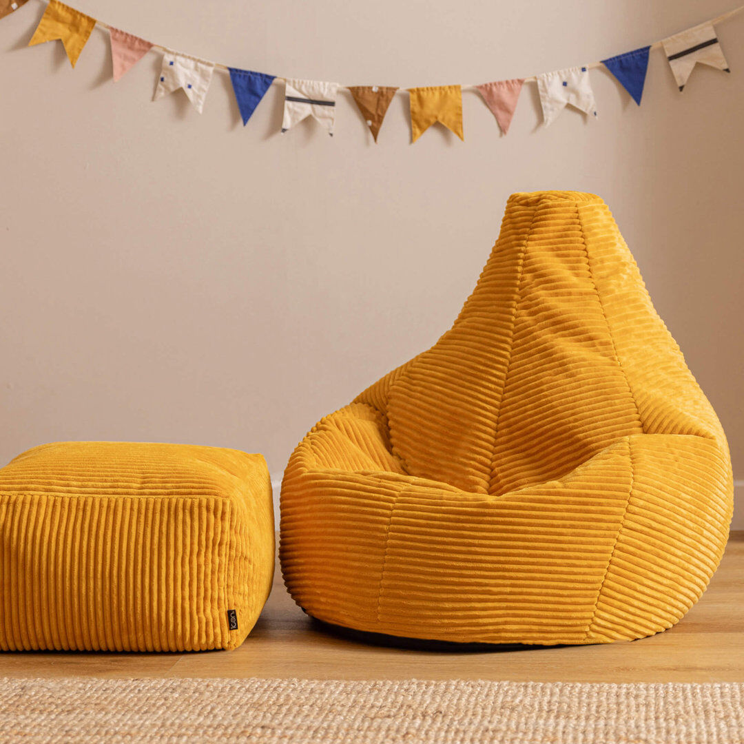 icon Kids Dalton Cord High Back Bean Bag and Mini Square Footstool, Teal Yellow Small