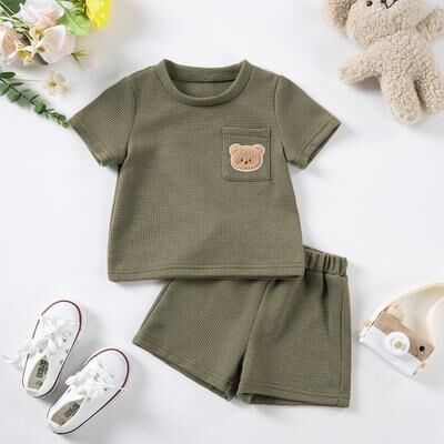 Top Demand Picks 2024 Summer Kids Suit, Toddler Boys, Girls 2 Piece Set With Cute Bear Print, Breathable Short Sleeve Shirt, Comfortable army Green 86(1 2t)