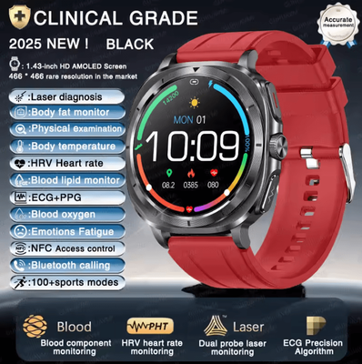 Inspire Curations AI Laser Health Smartwatch With ECG PPG, Uric Acid & Blood Lipid Analysis red