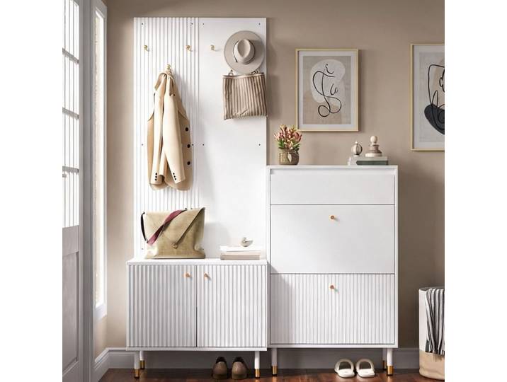 Ensemble portant blanc avec panneau MDF méridienne placard et meuble à chaussures basculant entrée style moderne