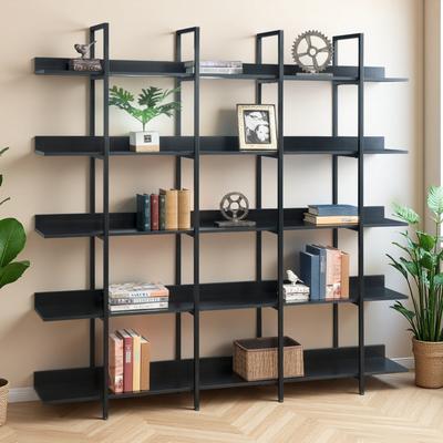 ZWYO HOSIMU 70.7in MDF+Metal 5-Tier Open Bookshelf with Vintage Industrial Style, Display Rack with 80lbs Shelf Capacity & Anti-Fall Device