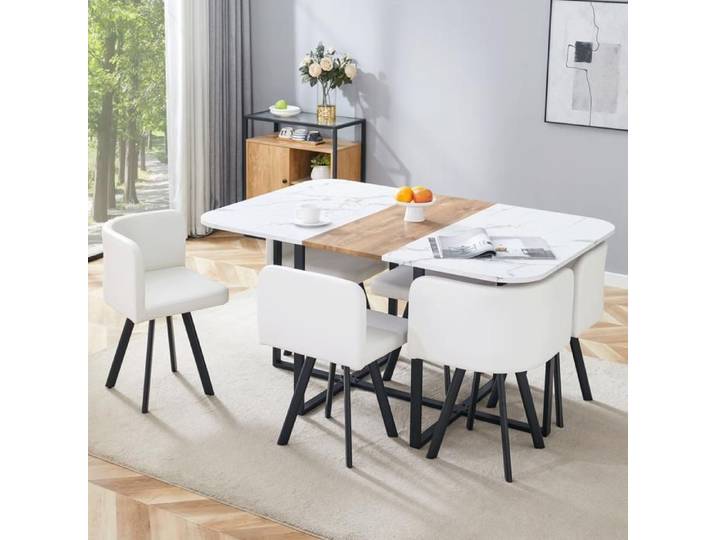 Ensemble de salle à manger - SOGEU - Extensible - Table extensible - Chaises escamotables - Plateau blanc métal noir
