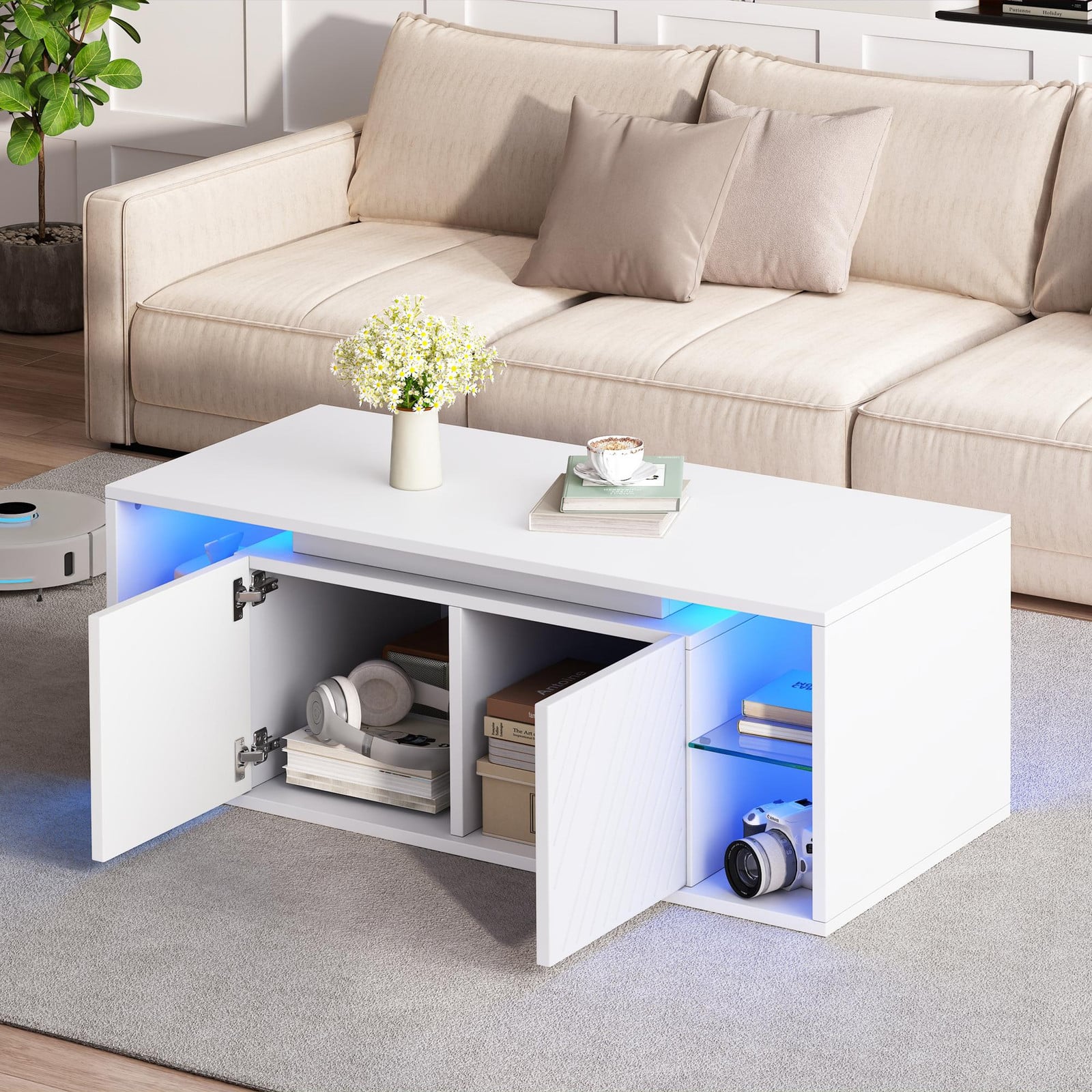 OKWISH Moderne salontafel met LED-verlichting en opbergruimte, wit