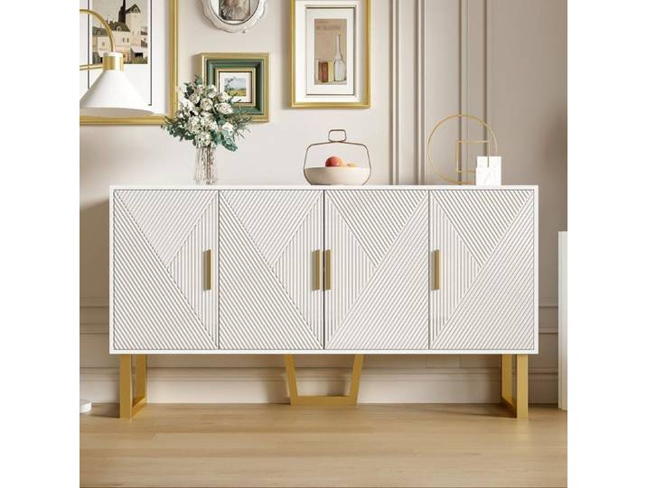 Buffet Salon Blanc Moderne avec 4 Portes Texturées Façade Brillante Poignées Dorées Meuble Elégant 150x40x82cm