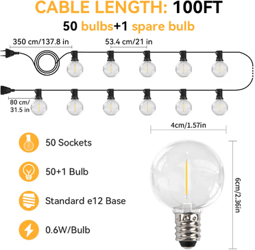 Inspire Essentials Outdoor LED Fairy String Lights 30M Vintage G40 Patio Garden Light For Parties And Weddings 45m 150ft 75 Bulbs us Plug