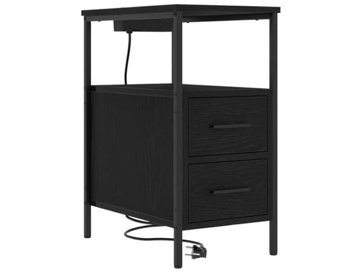 Fisinber Nachttisch mit Steckdose 30x48x61 cm Schwarz Eichen-Optik Kompakter Beistelltisch fürs Schlafzimmer mit integrierter Ladestation und 2 Schubladen für geordnete Utensilien.