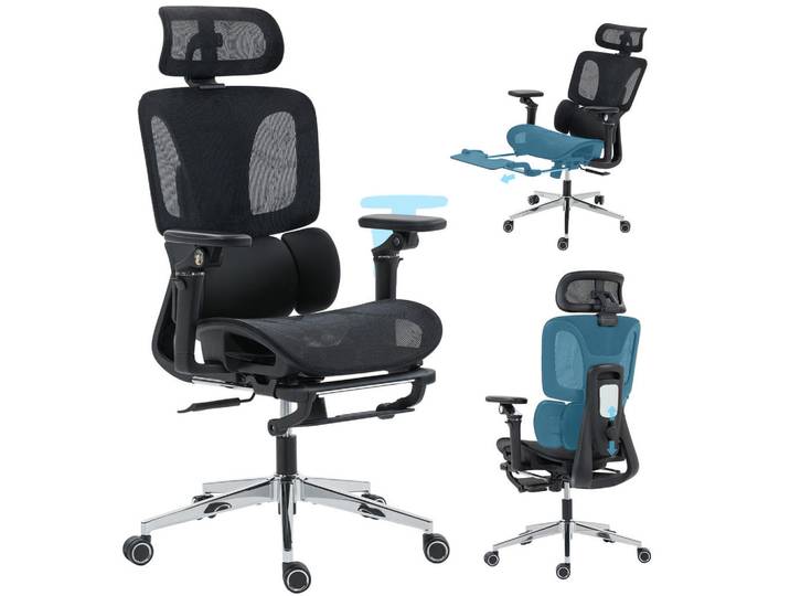 ComfortXL Drehstuhl De-05226 Ergonomisch mit 6D-Armlehnen & Fußstütze Schwarz, Kunststoff, 67x133x71 cm, Büromöbel, Bürostühle, Drehstühle