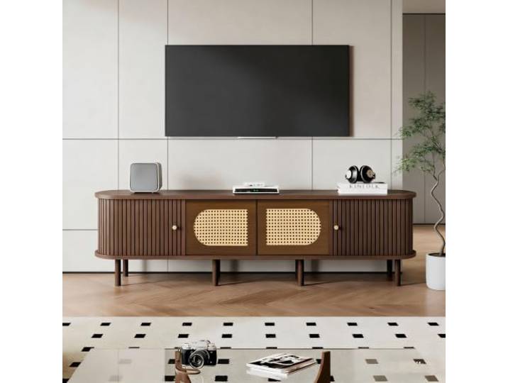 QQJIN TV-Board 180cm Nussbaum Dunkel Rattan Design MDF TV-Schrank TV-Bank mit Zwei Schranktüren Zwei Schiebetüren für Fernseher bis 80 Zoll Wohnzimmerschrank Lowboard Stehend