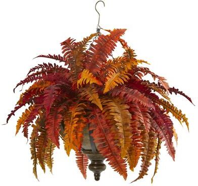 Nearly Natural "28"" Autumn Boston Fern Artificial Plant in Hanging Metal Bowl"