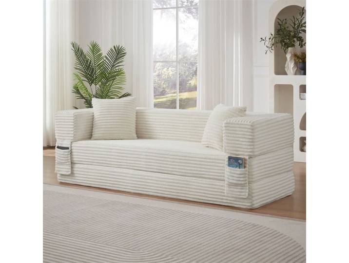 DRIPEX Canapé-lit Pliant en 2 places canapé compressé en velours côtelé DIY Libre et Poches Latérales L200cm pour salon Blanc