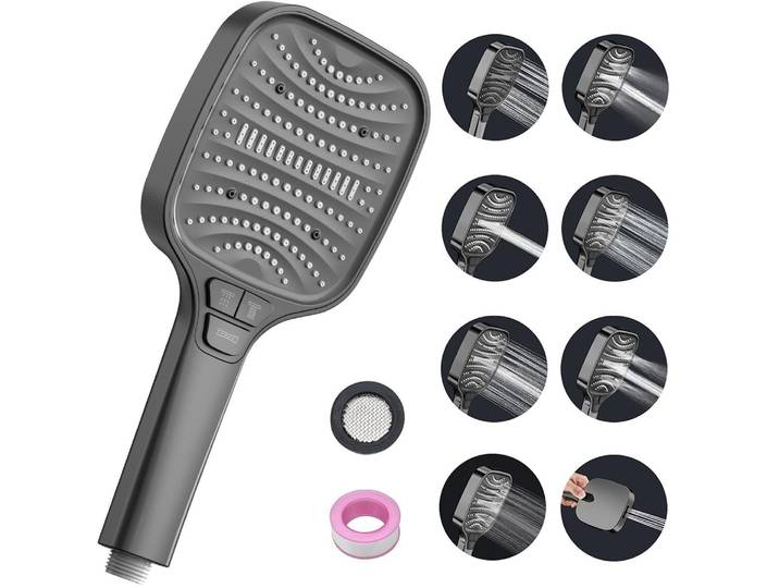 Duschbrause mit 8 Strahlarten & Stoppfunktion, Regendusche Handbrause, Grau Gunmetal Grau