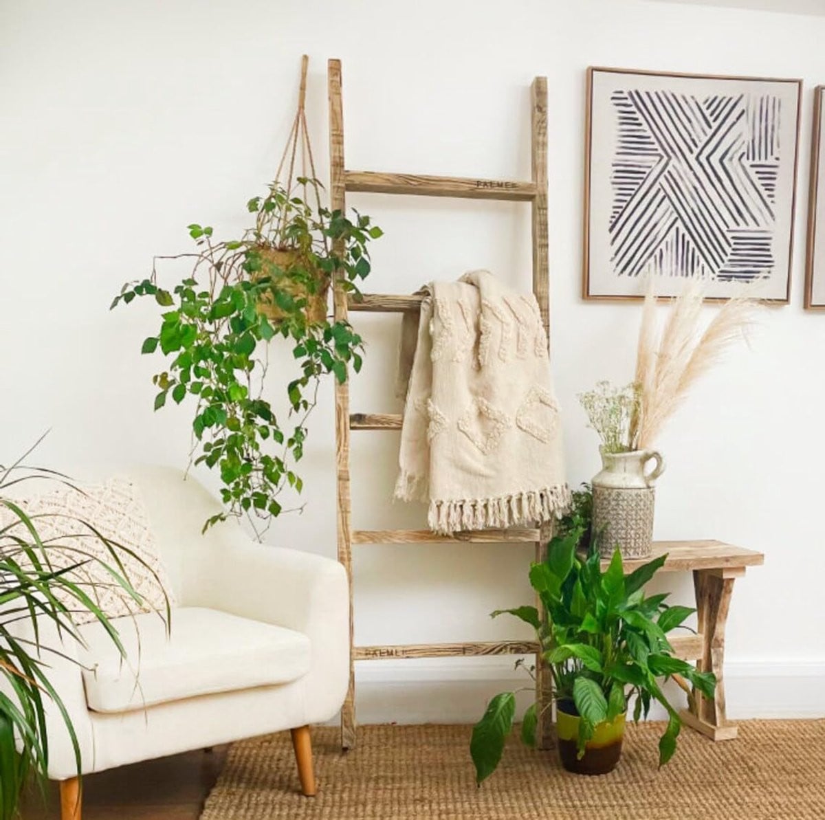 Houten Dekenladder Handdoekenrek van Teruggewonnen Massief Hout in Medium Eik, Hoogte: 182,88 cm