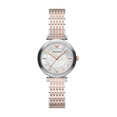 Quarzuhr EMPORIO ARMANI, rosa (edelstahlfarben, roségoldfarben, perlmuttfarben), Armbanduhren, Damen, Quarzuhr, Armbanduhr, Edelstahlarmband, analog, Glassteine