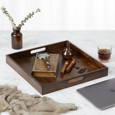 KINWELL Square Black Walnut Wood Serving Tray Ottoman Tray with Handles