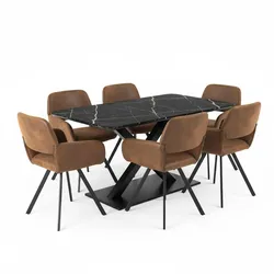 TISCHGRUPPE 7-teilig Ausziehtisch Schwarz Marmoroptik & 6x 360° Drehstühle in Vintage Braun