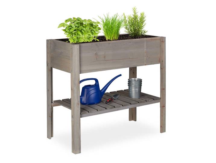 Relaxdays Hochbeet Grau Tannenholz mit Ablage 88x43,5 cm, Holz, 88x80x43.5 cm, Gartenzubehör, Hochbeete