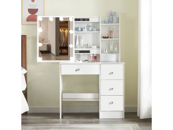 Table de toilette en bois blanc avec éclairage LED, luminosité réglable, table de toilette avec grand miroir, table de toilette avec 4 tiroirs
