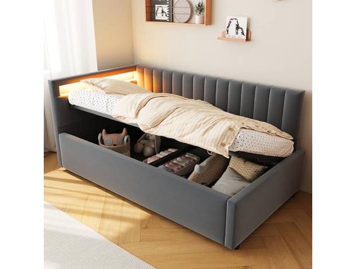 FAVSH Polsterbett 90x200 cm mit stauraum, Jugendbett Mit hydraulischem Stauraum, Einzelbett Mit LED-Licht und USB-Ladeanschluss, Mit Rückenlehne, Samtstoff, ohne Matratze (Grau)