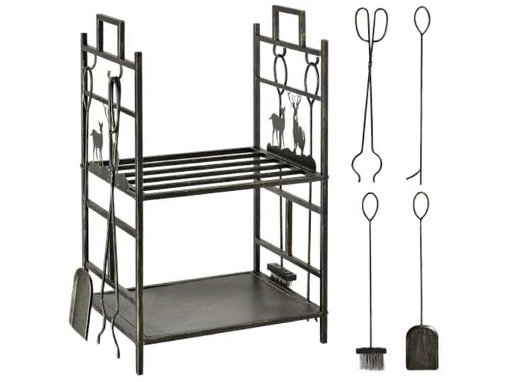 HOMCOM Porte-bûches range bûches étagère à bois de cheminée serviteur de cheminée cerf multi-accessoires 2 étagères dim. 51\,5L x 33l x 77H cm métal noir or vieilli