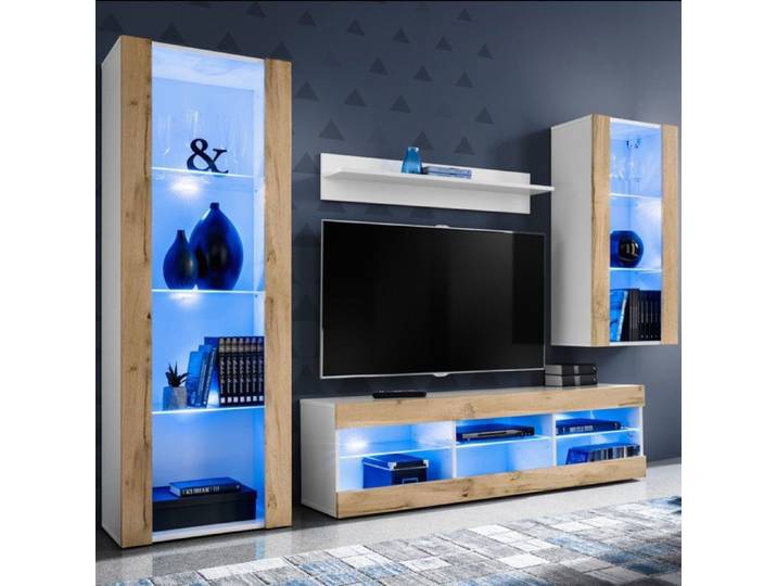 Meuble TV Tivoli Set Medio Komodee - LED bleues - Bois naturel Mat ET Blanc - 195x159x35 cm