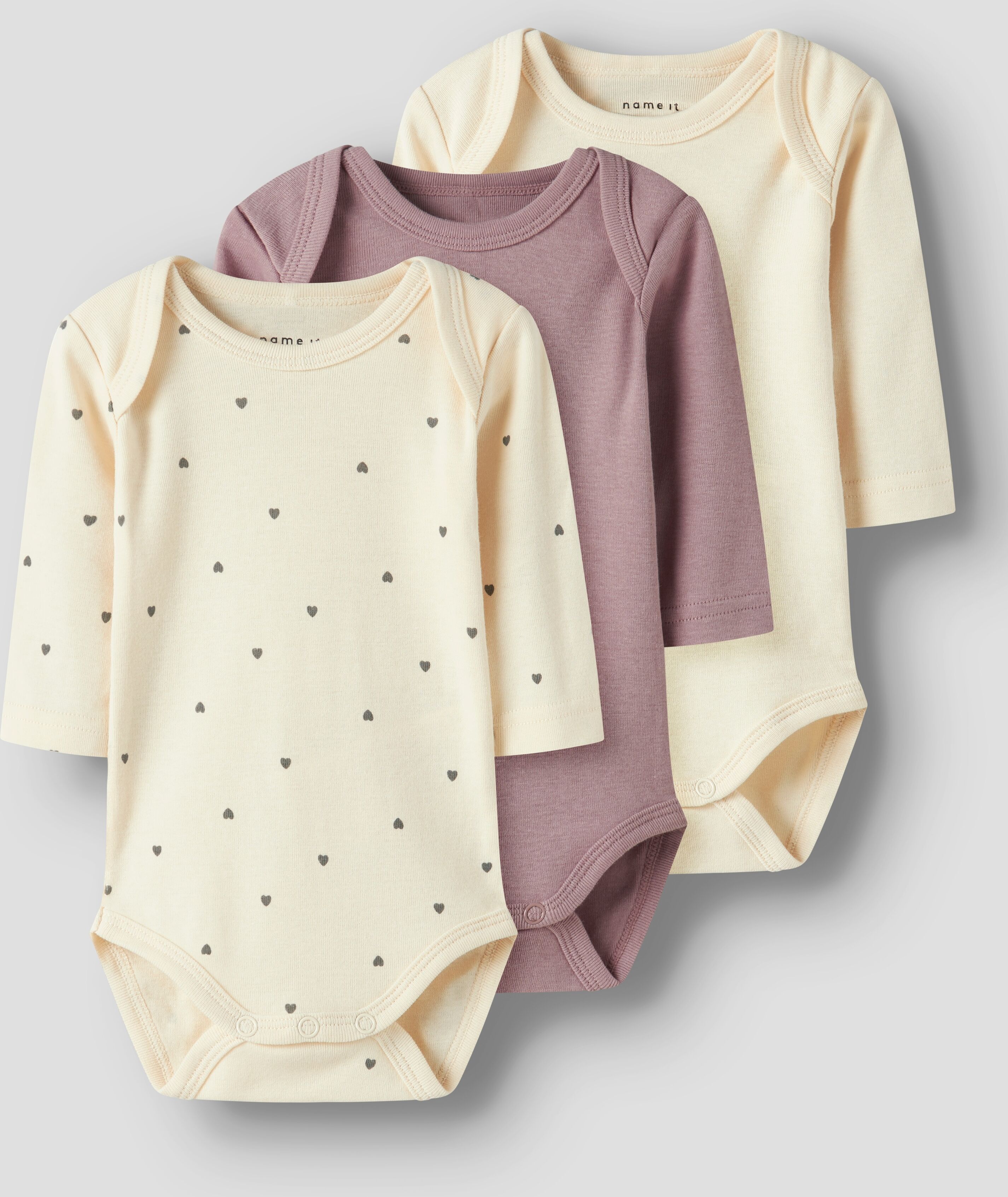 Body NAME IT "NBFBODY 3P LS HEART NOOS", Mädchen, Gr. 50, N-Gr, beige (summer sand pack:w, summer sand, deauville mauve), Sweatware, Obermaterial: 100% Baumwolle, unifarben, regular fit, Rundhals, Bodys Body summer sand pack:w, summer sand, deauville mauv