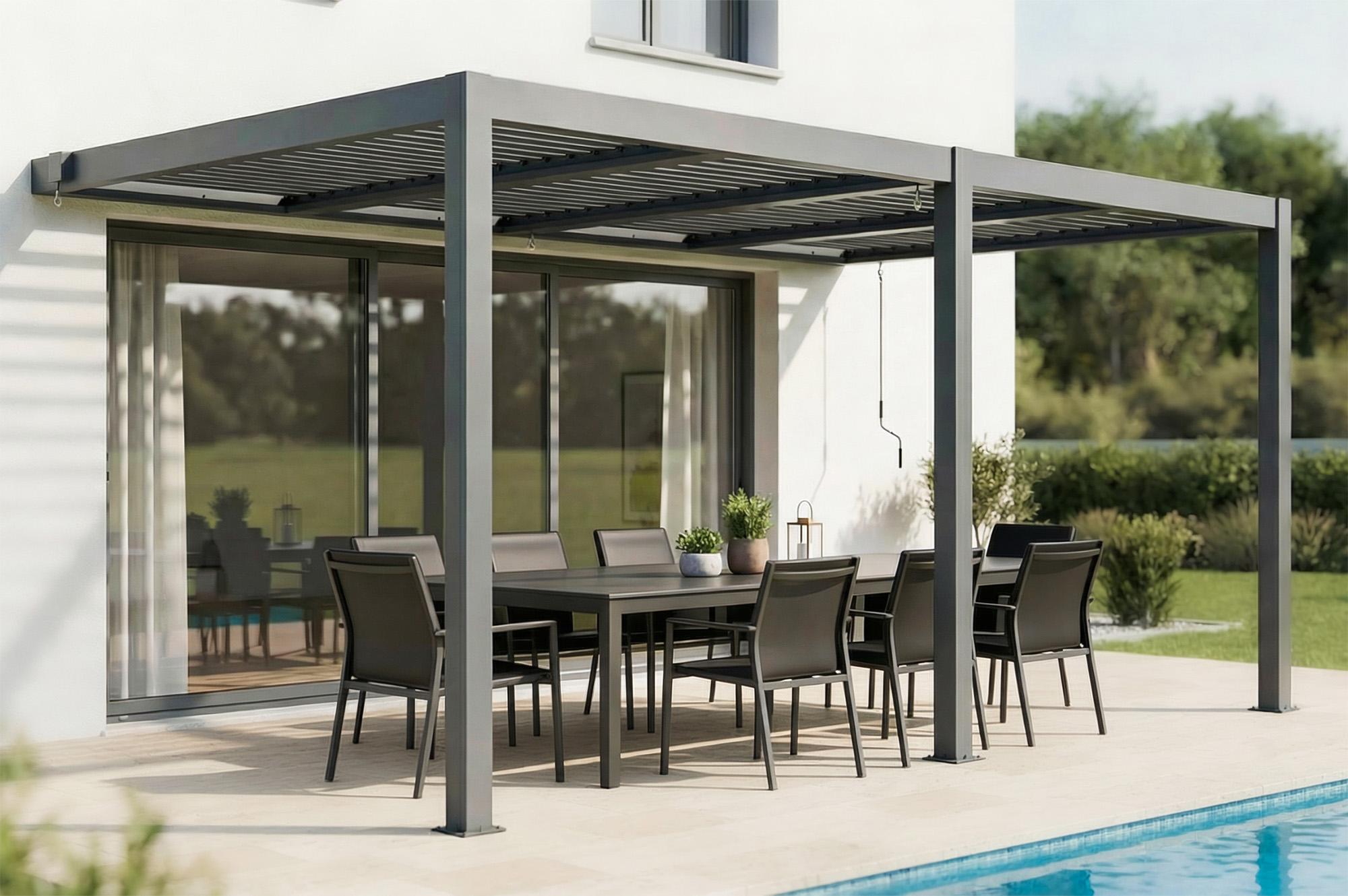 AGOSTA 5x3 Bioklima-Pergola, an der Wand befestigt, 250 cm hoch - Graues Aluminium