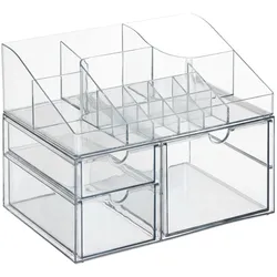 Relaxdays Make Up Organizer, 14 Fächer & 3 Schubladen, Nagellack, Lippenstfit, Kunststoff, Schminkorganizer, transparent