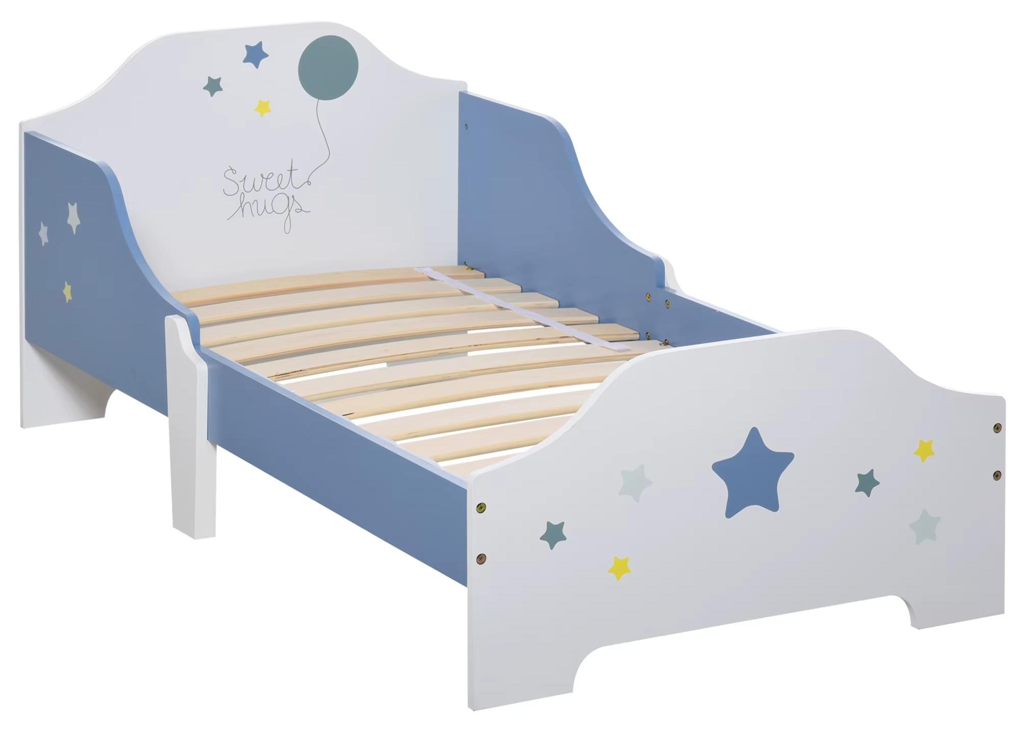 Kinderbett mit Sternenmuster - Einzelbett - Sicherheitsgitter - Lattenrost - Holzkonstruktion - Zur Selbstmontage - Himmelblau