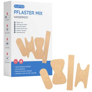 Flexeo Pflaster Mix Pflasterset, 50 Strips, wasserfest, elastisch, atmungsaktiv, 4 Größen