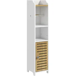 kleankin Moderner Toilettenpapierhalter, Badezimmerschrank mit Regalen, 1 Tür und Toilettenpapierhalter, 18 x 20 x 90 cm, Weiß und Eiche