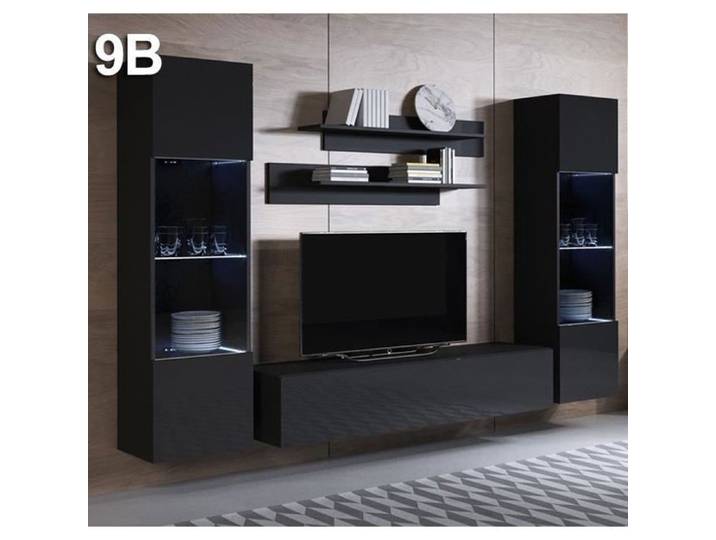Combinaison de meubles TV mural - Luke 9B - Noir - 260 cm - Finition brillante