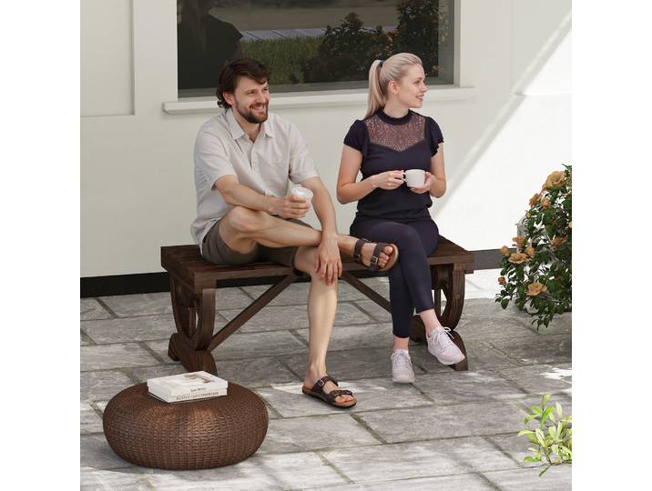 Outsunny Banc de jardin en bois avec assise à lattes, roue décorative, pour patio terrasse balcon arrière-cour, marron