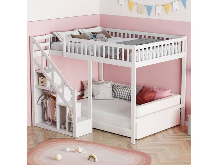 Lit Superposé 140x200 avec Escalier Lit pour Enfant Superposé avec Compartiment de rangement Lit d'enfant Lit Mezzanine Blanc
