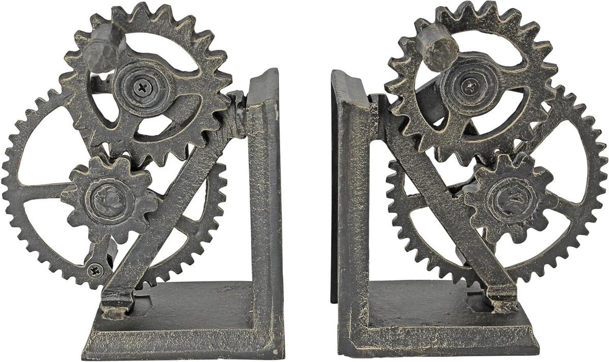 Bronskleurige Steampunk Boekensteunen met Bewegende Tandwielen