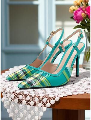 LightInthebox Women's Green Plaid Slingback Stiletto Heels – Retro Tartan Pointed Toe High Heels for Spring Parties, Afternoon Teas, and Vintage-Inspired Looks