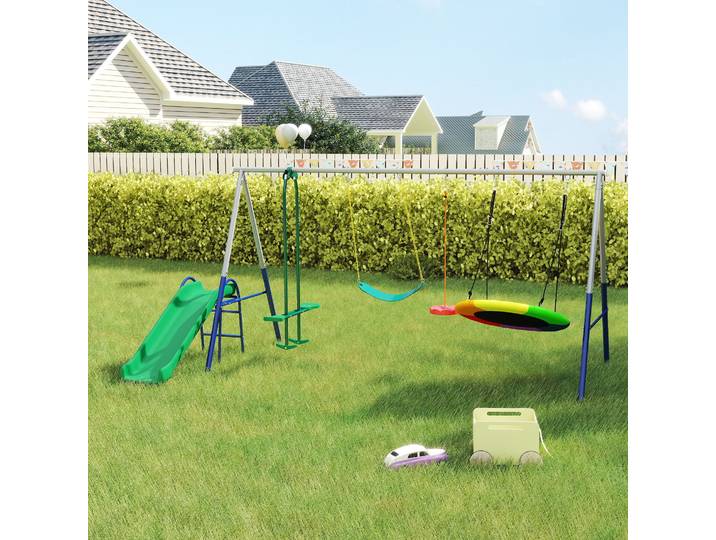 AIYAPLAY Portique Enfants 5 en 1 Toboggan & Balançoires Réglables