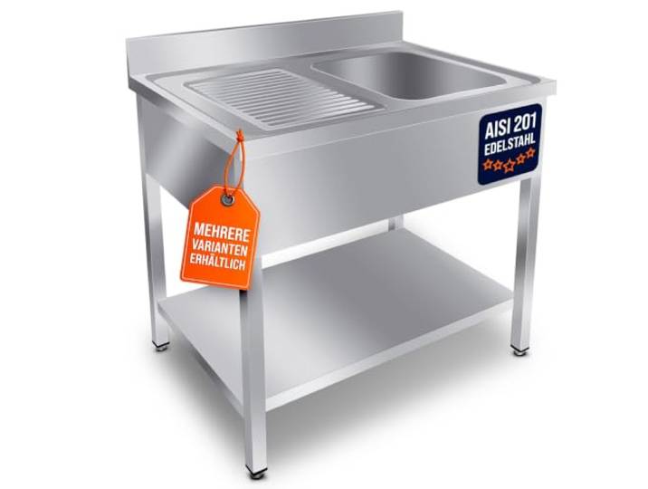 GastroHero Spültisch, Becken rechts, 120x60 cm, Edelstahl SPT-BASIC10X6R Abtropffläche links, mit Grundboden, 100 mm Aufkantung, 1 Becken, nach Hygiene- und Sicherheitsrichtlinien produziert