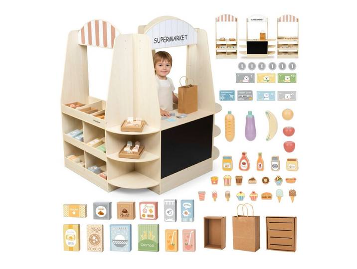 Mamabrum Spiel-Einkaufswagen XXL-Holz-Supermarkt für Kinder – 91-teiliges Einkaufs-Spielset, (91-tlg)